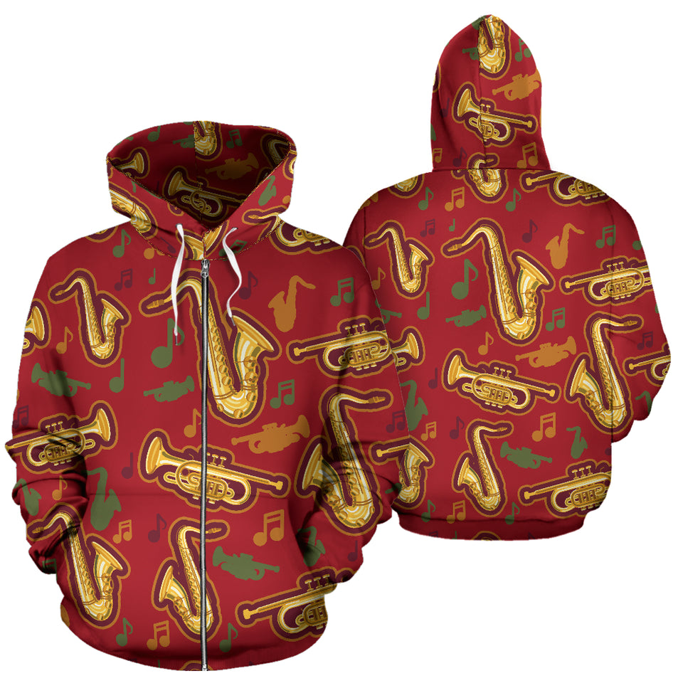 Saxophone Cornet Pattern Red Background Zip Up Hoodie