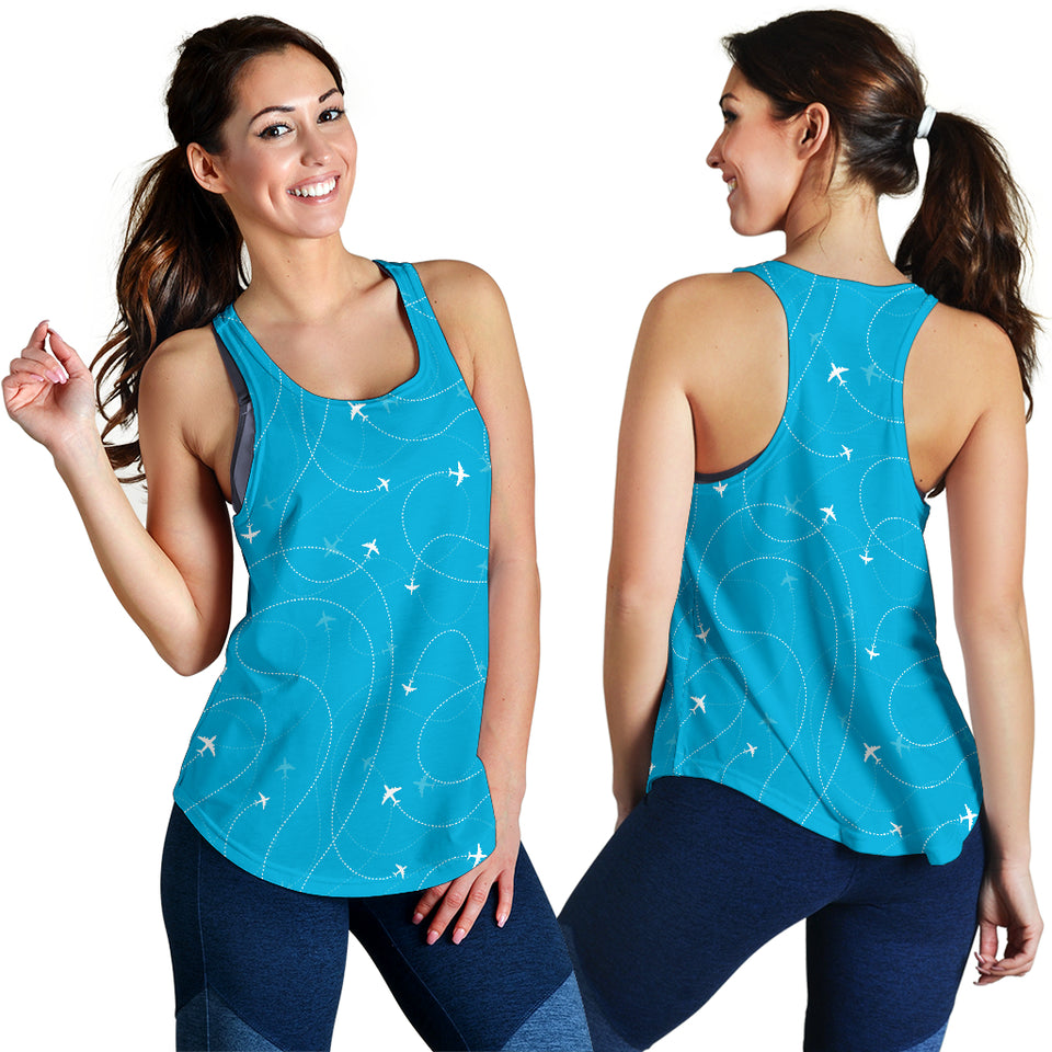 Airplane destinations blue background Women Racerback Tank Top