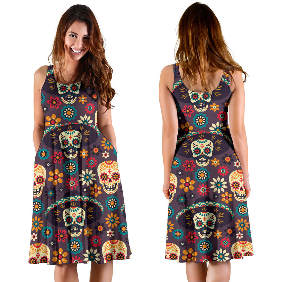 Sugar Skulls Flower Maxican Pattern Sleeveless Midi Dress