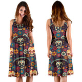Sugar Skulls Flower Maxican Pattern Sleeveless Midi Dress