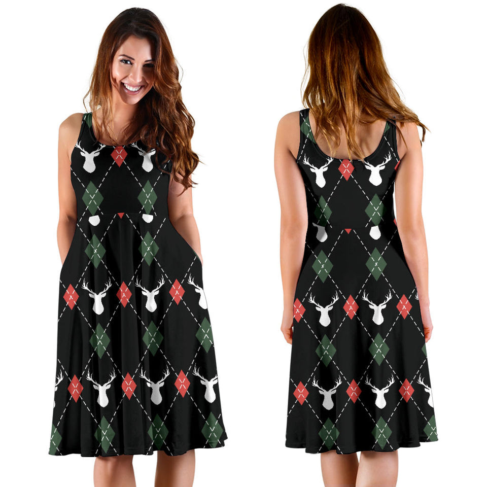 Deer Christmas New Year Pattern Argyle Sleeveless Midi Dress