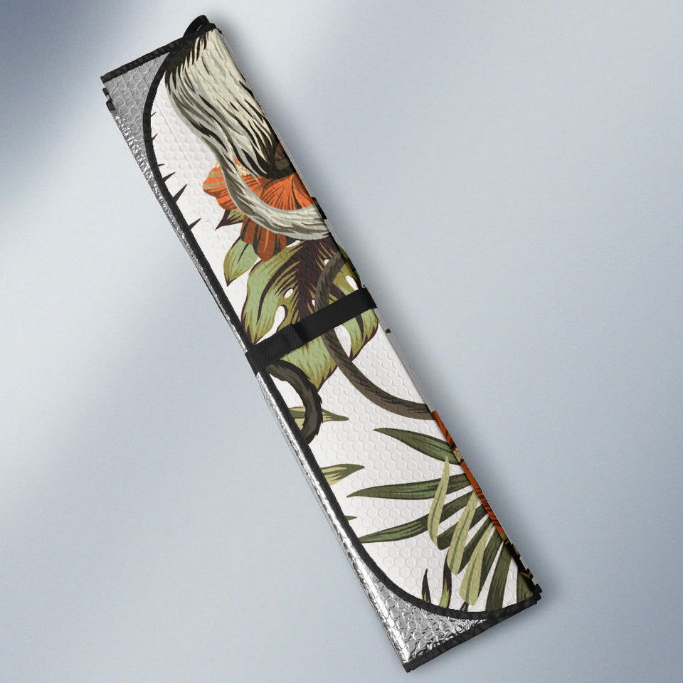 Monkey Red Hibiscus Flower Palm Leaves Floral Pattern Car Sun Shade
