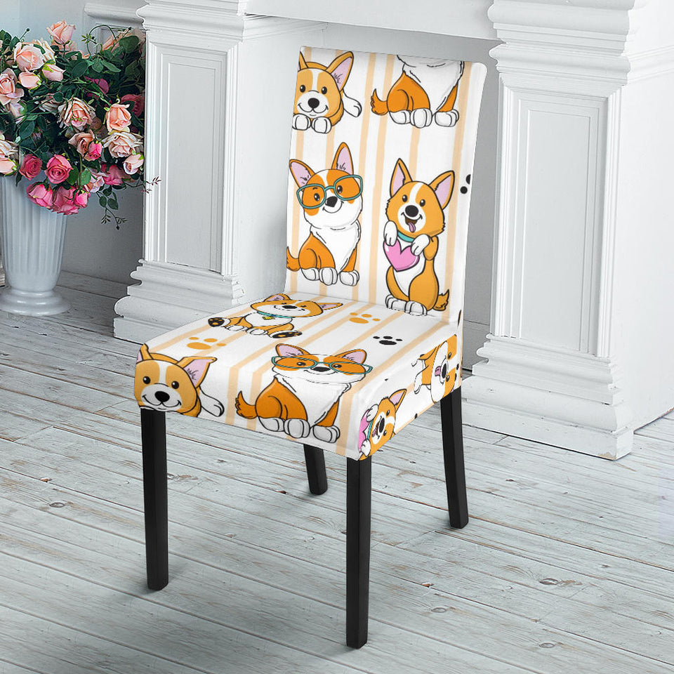 Cute Dog Corgi Striped Background Pattern Dining Chair Slipcover