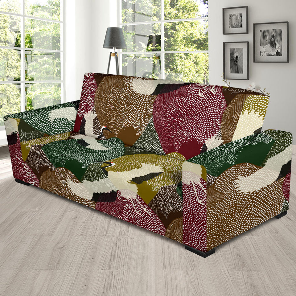 Japanese Cranes Flying Forest Dot Pattern Sofa Slipcover