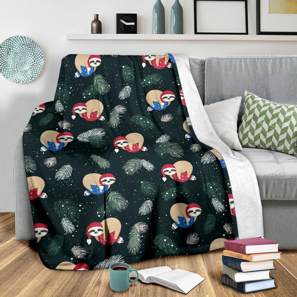 Cute Sloths Sleeping Christmas Ball Santa Hat Pattern Premium Blanket