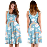 Cute Rainbow Clound Star Pattern Blue Background Sleeveless Midi Dress