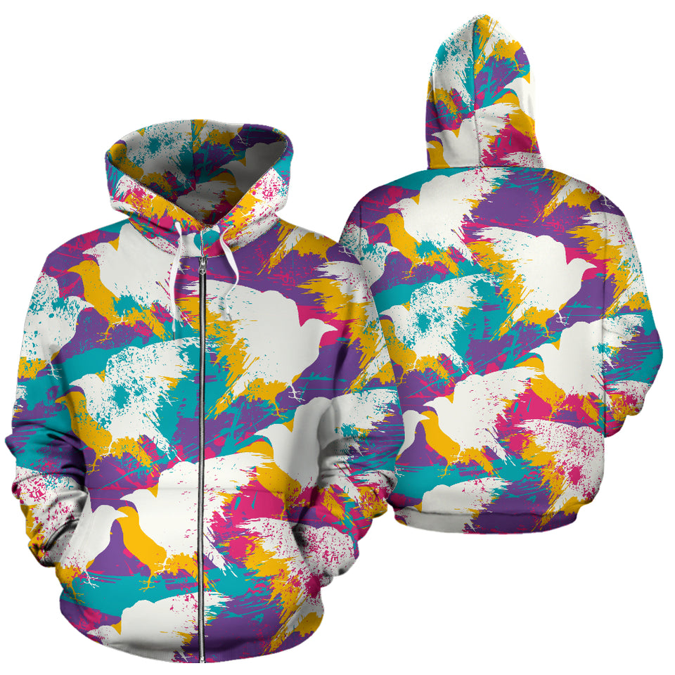 Colorful Crow Illustration Pattern Zip Up Hoodie