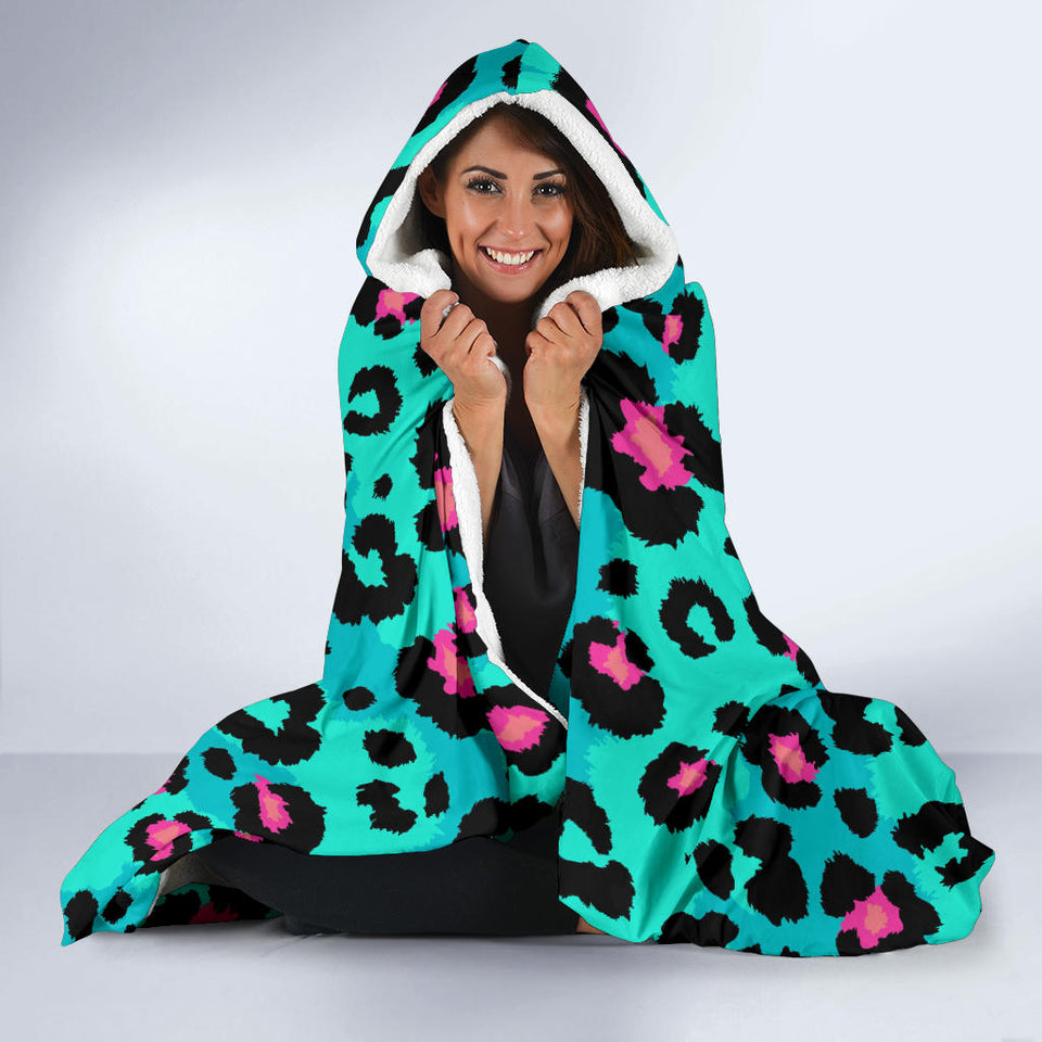 Green Leopard Skin Print Pattern Hooded Blanket