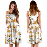 Cute Dog Corgi Striped Background Pattern Sleeveless Midi Dress