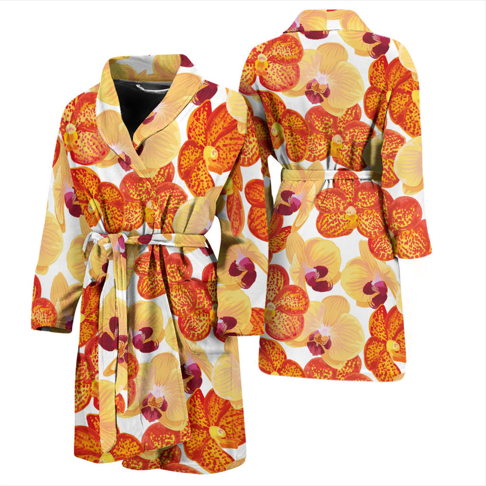 Orange Yellow Orchid Flower Pattern Background Men'S Bathrobe