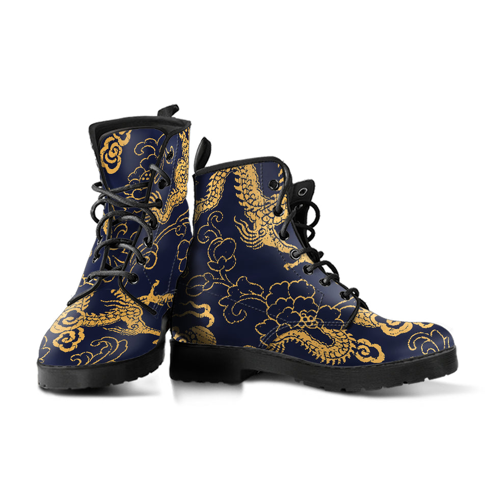 Gold Dragon Pattern Leather Boots