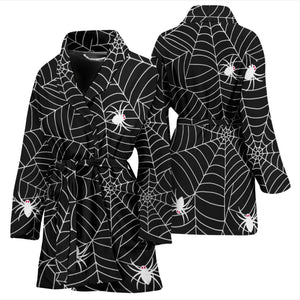 Spider Web Design Pattern Black Background White Cobweb Women'S Bathrobe