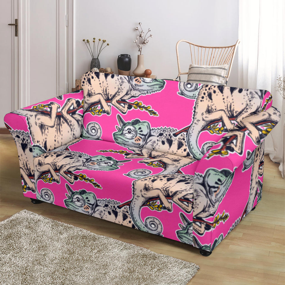 Chameleon Lizard Pattern Pink Background Loveseat Couch Slipcover