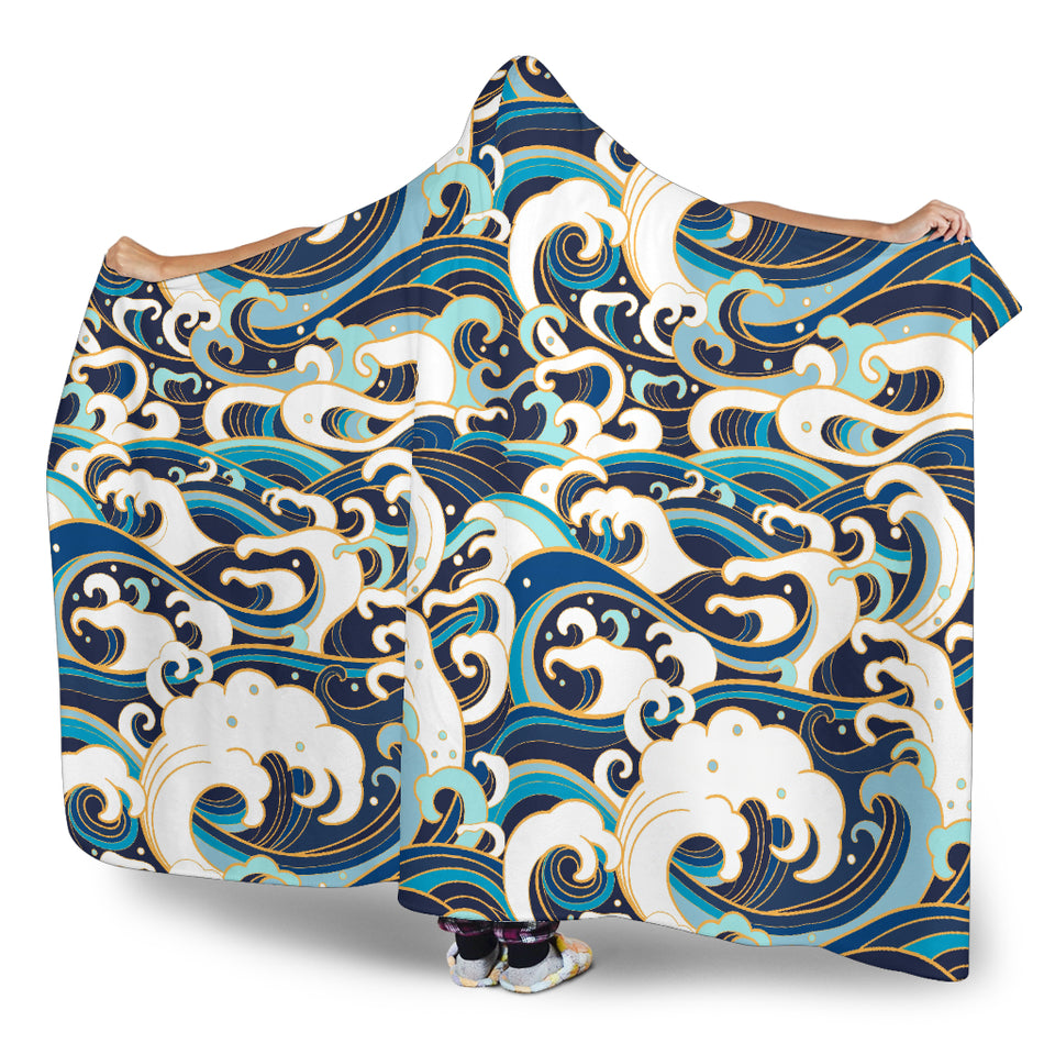 Japanese Wave Pattern Hooded Blanket