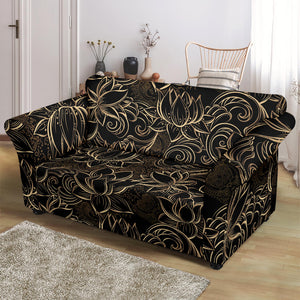 Luxurious Gold Lotus Waterlily Black Background Loveseat Couch Slipcover