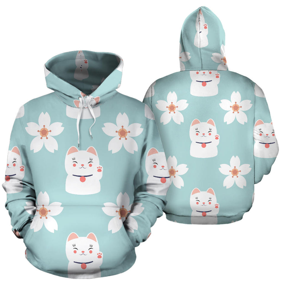Maneki Neko Lucky Cat Sakura Men Women Pullover Hoodie