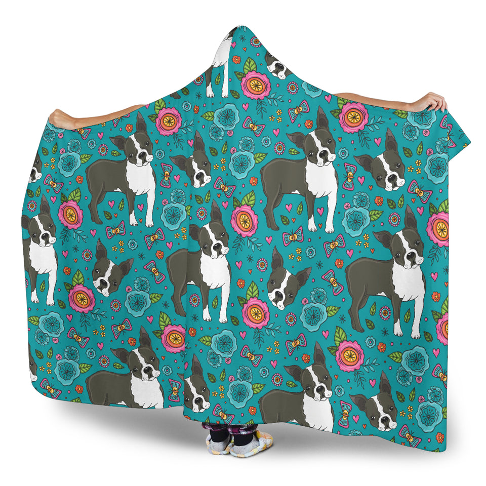 Boston Terrier Beautiful Flower Pattern Hooded Blanket
