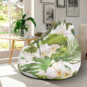 White Orchid Flower Tropical Leaves Pattern Bean Bag Cover