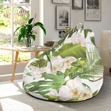 White Orchid Flower Tropical Leaves Pattern Bean Bag Cover