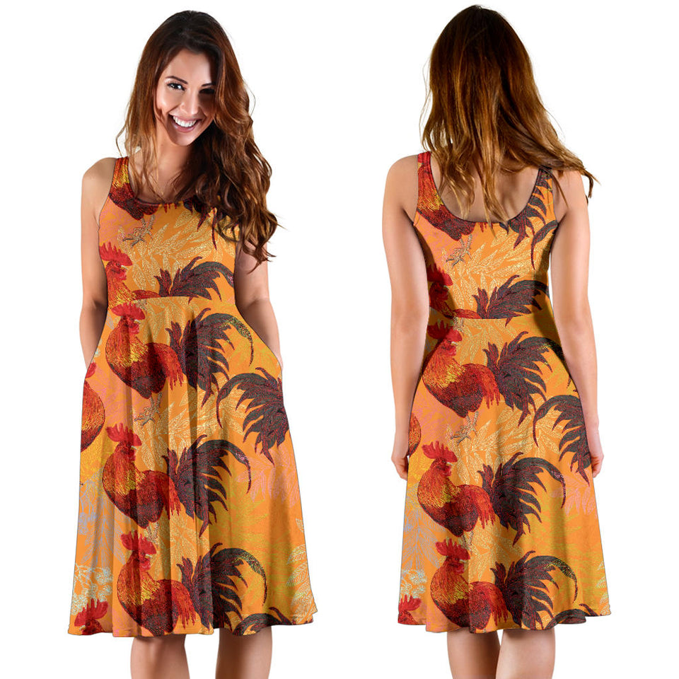 Red Rooster Chicken Cock Pattern Sleeveless Midi Dress