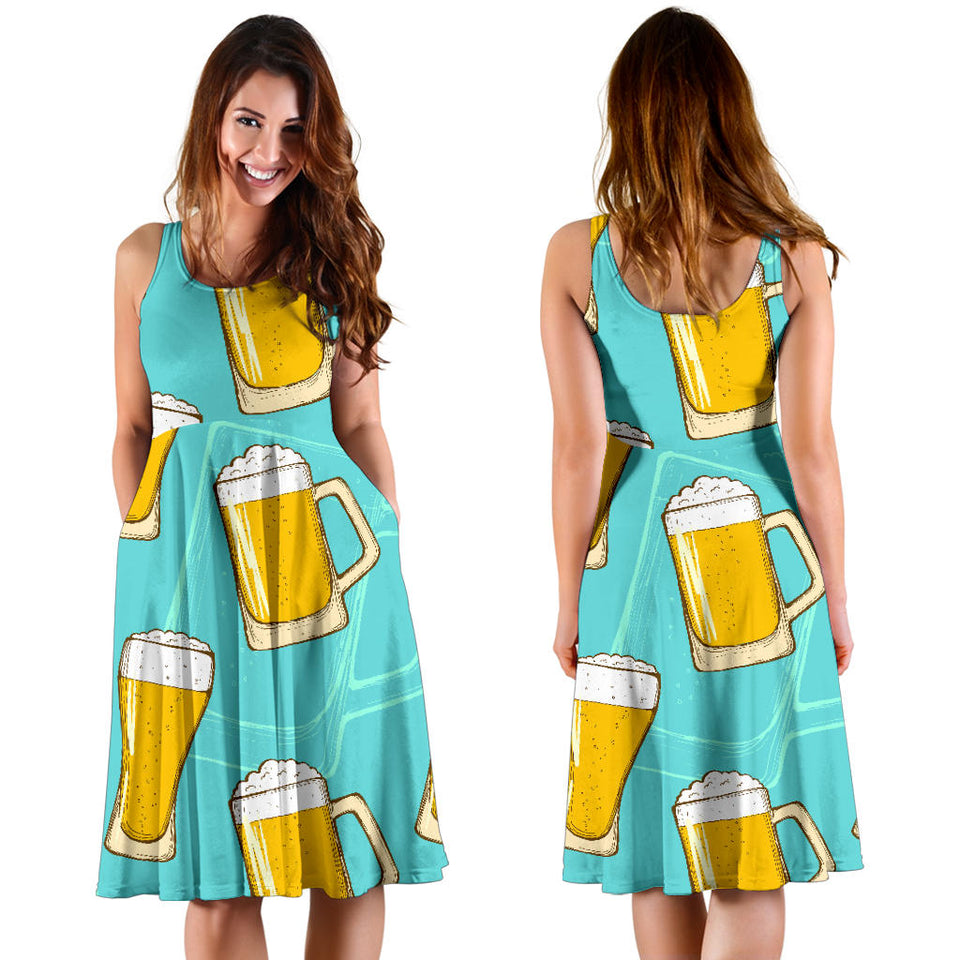 Beer Pattern Green Background Sleeveless Midi Dress