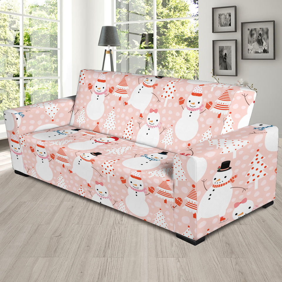 Cute Snowman Christmas Tree Snowpink Background Sofa Slipcover