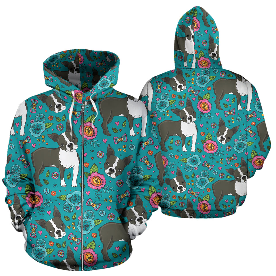 Boston Terrier Beautiful Flower Pattern Zip Up Hoodie