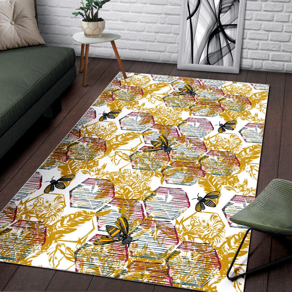 Cool Bee Honeycomb Leaves Pattern Area Rug