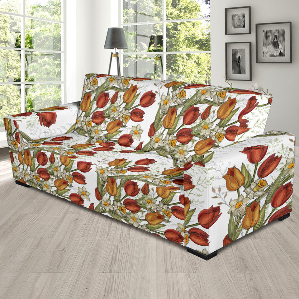 Red Tulips And Daffodils Pattern Sofa Slipcover