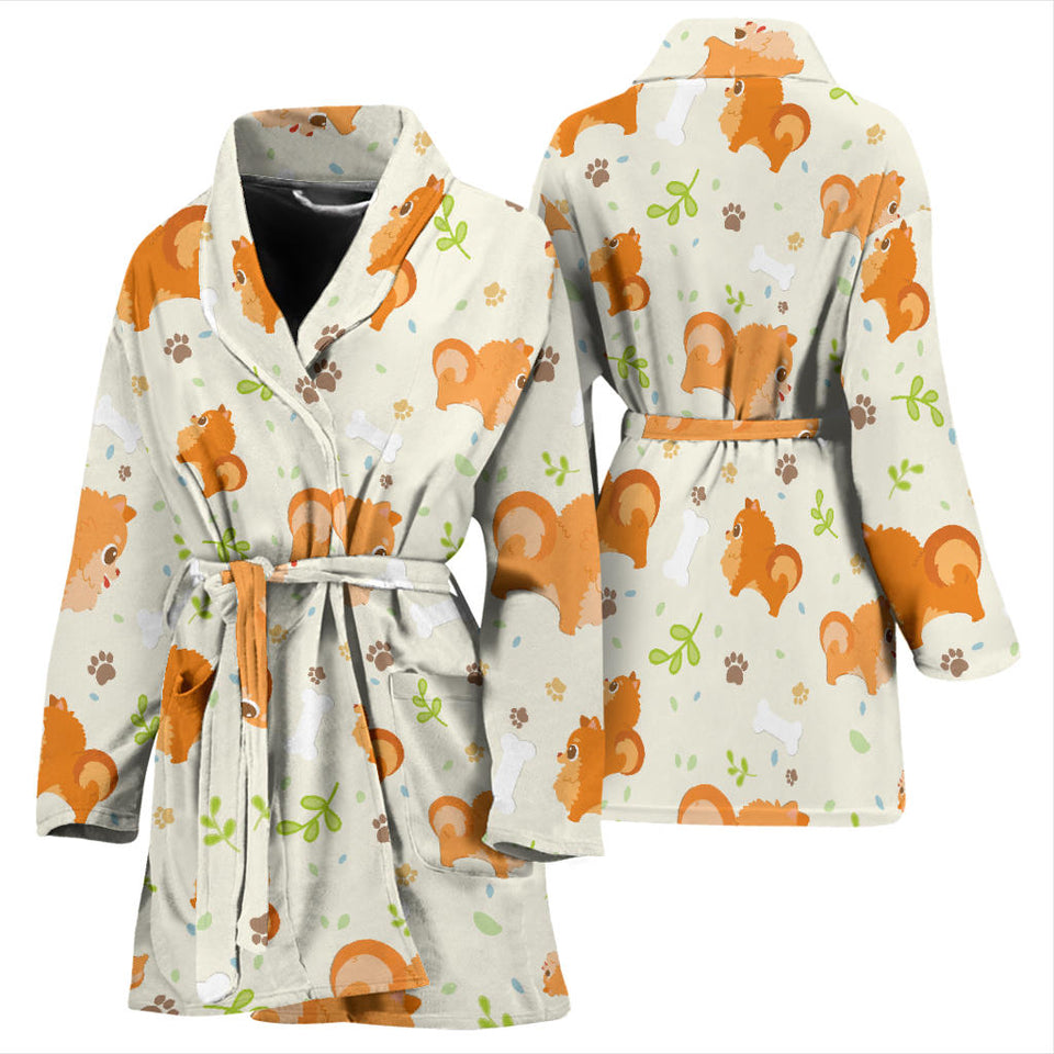 Cute Brown Pomeranian Paw Leave Bone Pattern Women'S Bathrobe