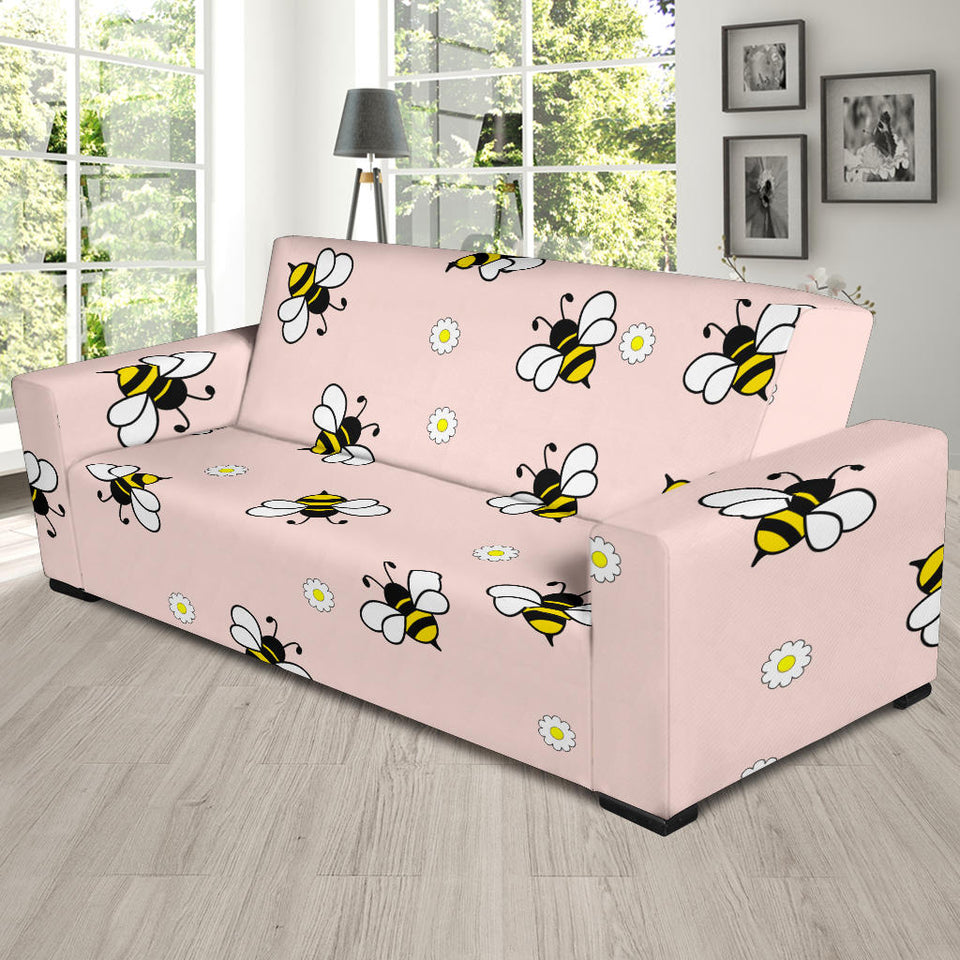 Cute Bee Flower Pattern Pink Background Sofa Slipcover