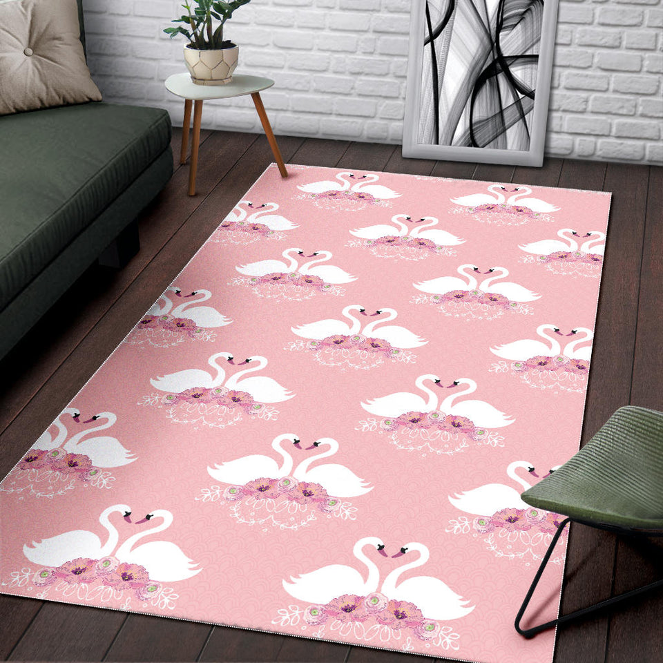 White Swan And Flower Love Pattern Area Rug