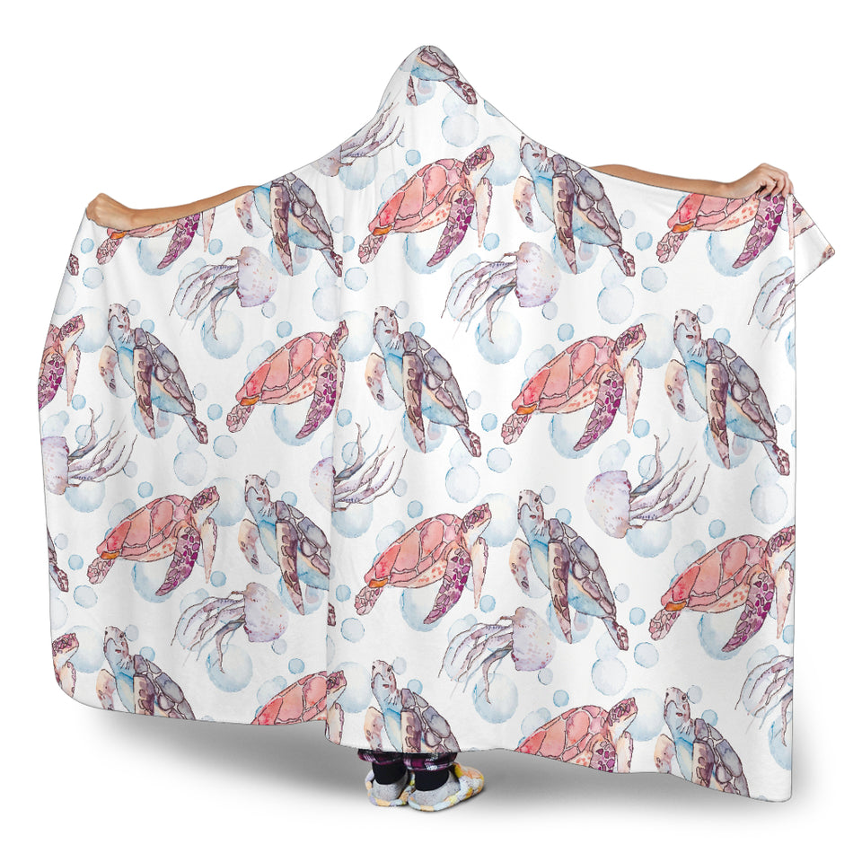 Watercolor Sea Turtle Jellyfish Pattern Hooded Blanket