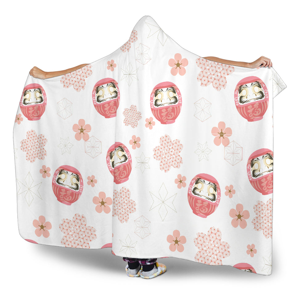 Daruma Japanese Wooden Doll Cherry Blossom Flower Pattern Hooded Blanket
