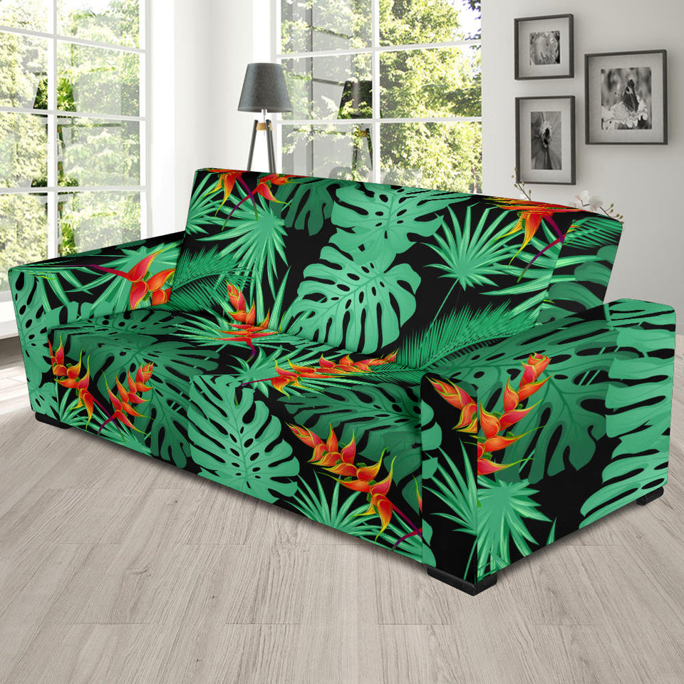 Heliconia Flower Palm Monstera Leaves Black Background Sofa Slipcover