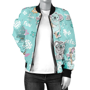 Cute Koalas Blue Background Pattern Women'S Bomber Jacket