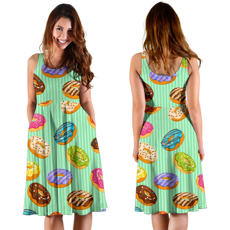 Colorful Donut Pattern Green Background Sleeveless Midi Dress