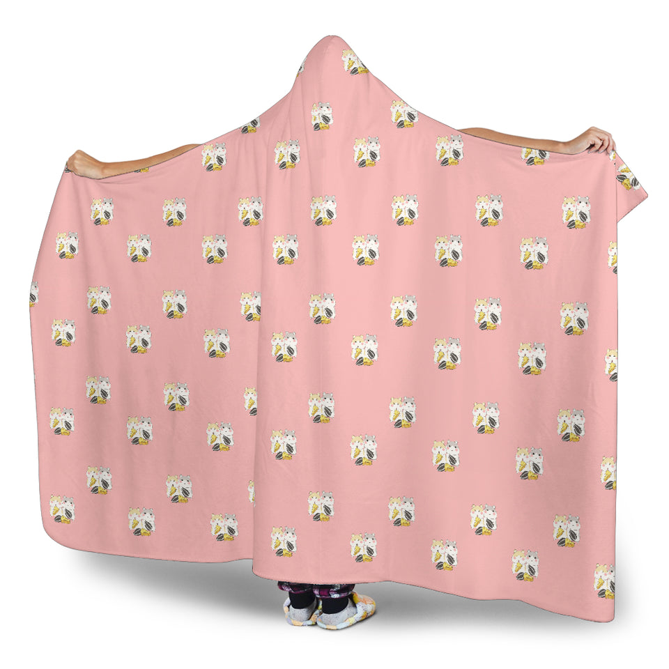 Cute Hamster Cheese Pattern Pink Background Hooded Blanket