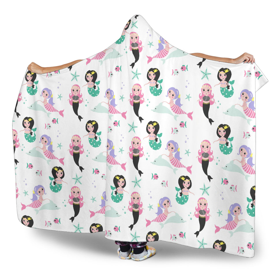 Cute Mermaid Dolphin Fish Starfish Pattern Hooded Blanket