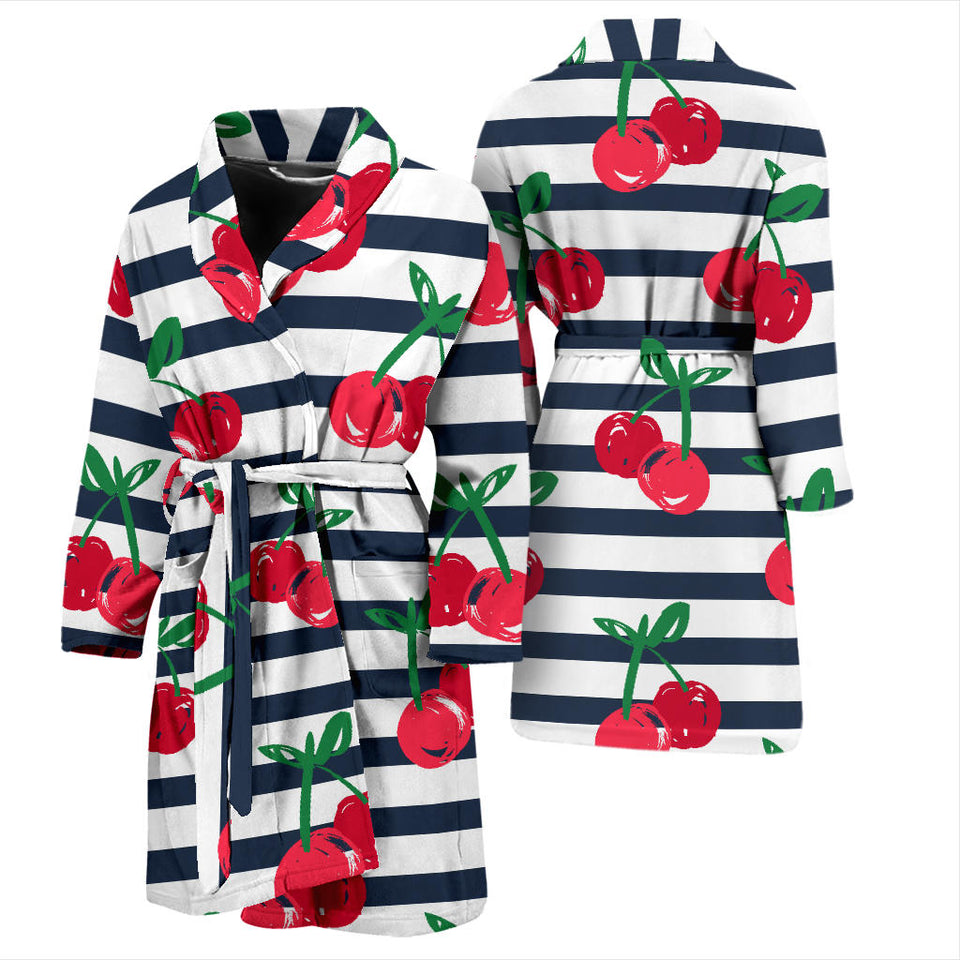 Hand Drawn Cherry Pattern Striped Background Men'S Bathrobe