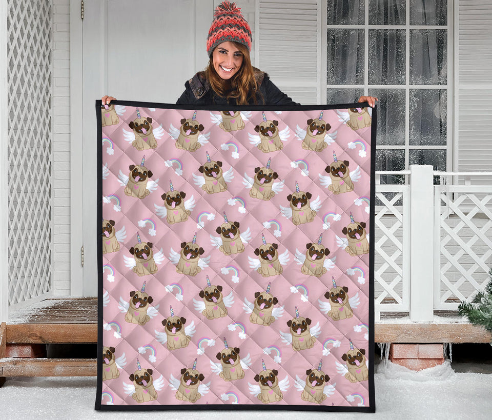 Cute Unicorn Pug Pattern Premium Quilt