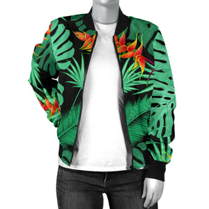 Heliconia Flower Palm Monstera Leaves Black Background Women'S Bomber Jacket