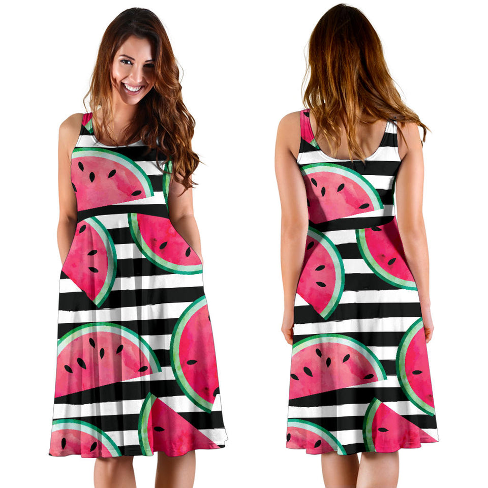 Watercolor Paint Textured Watermelon Pieces Sleeveless Midi Dress