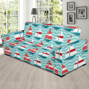 Red White Sailboat Wave Background Sofa Slipcover