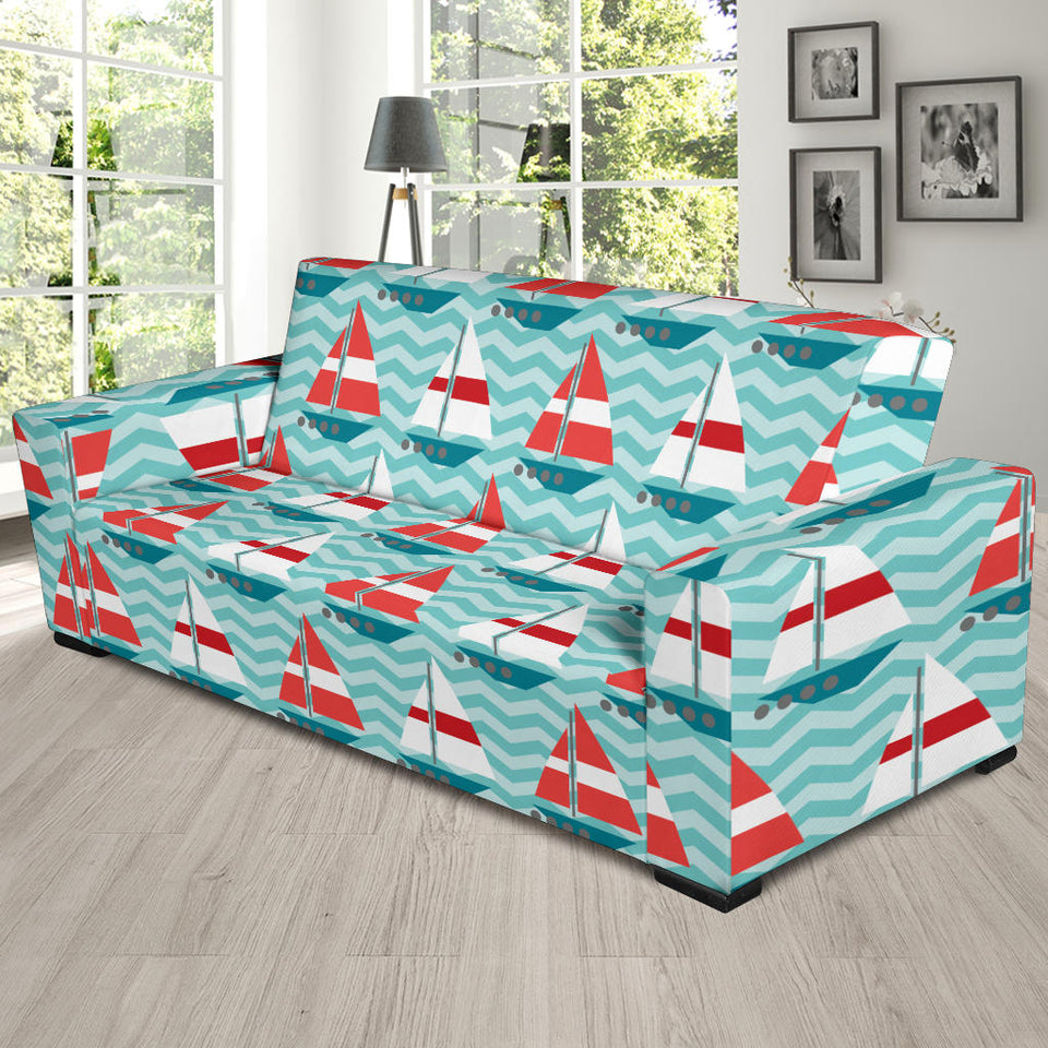 Red White Sailboat Wave Background Sofa Slipcover