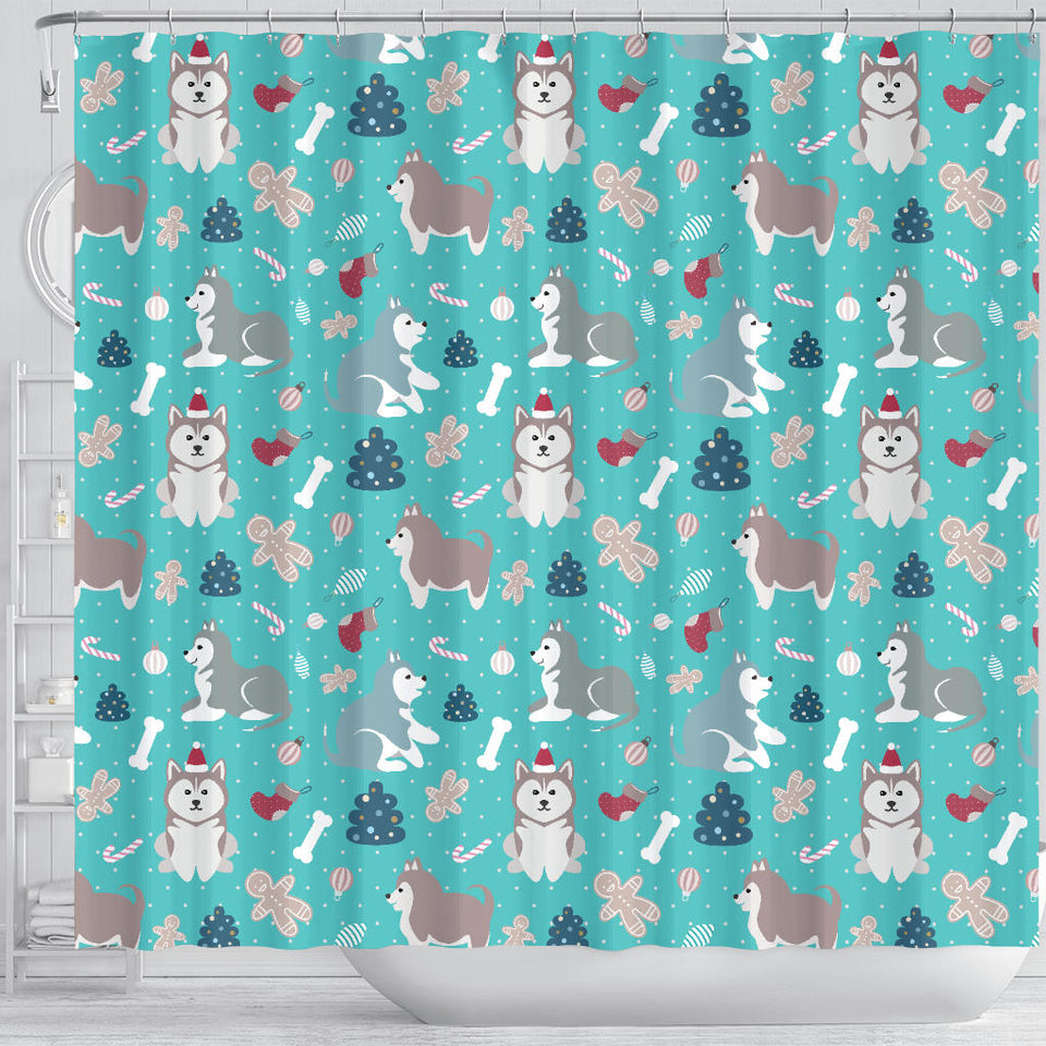 Christmas Cute Siberian Husky Puppie Pattern Shower Curtain Fulfilled In US