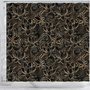 Luxurious Gold Lotus Waterlily Black Background Shower Curtain Fulfilled In US