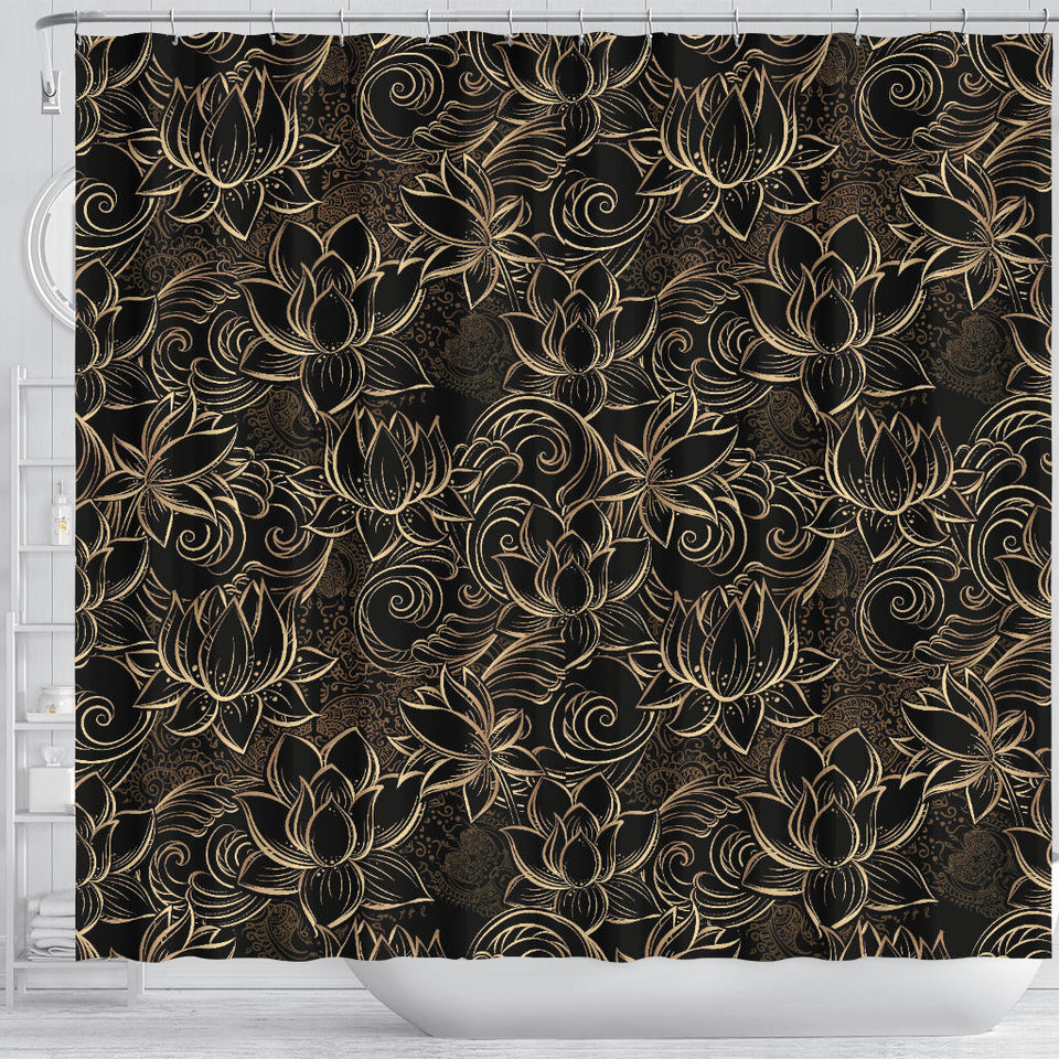 Luxurious Gold Lotus Waterlily Black Background Shower Curtain Fulfilled In US