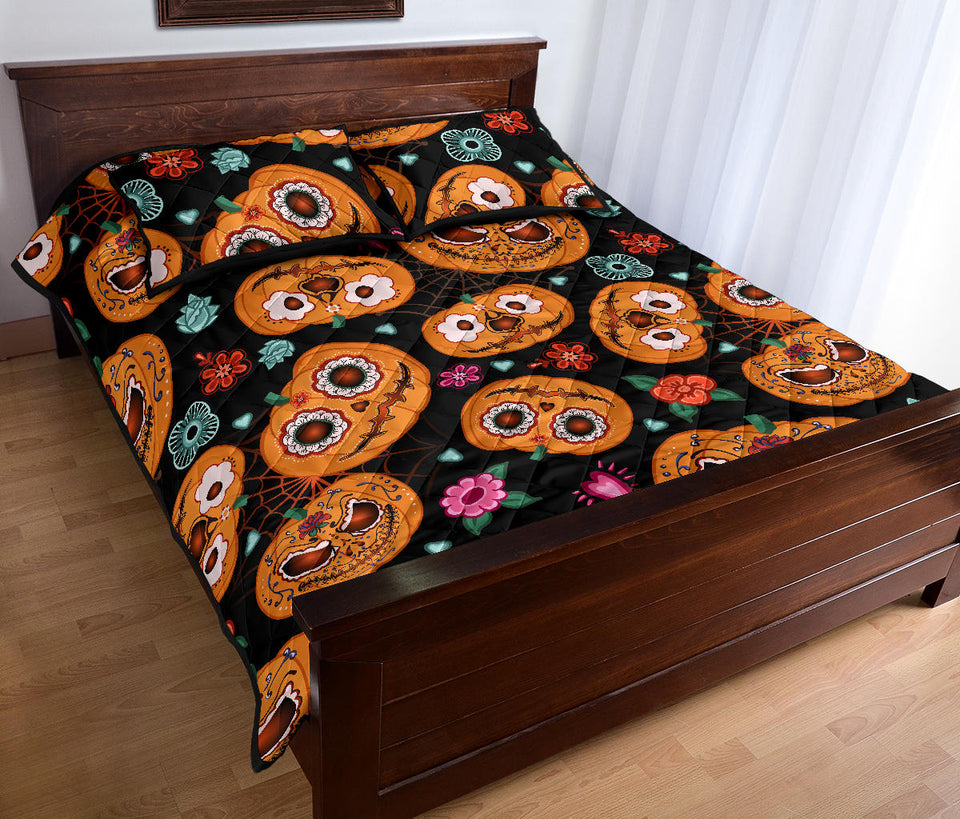 Pumpkin flowers spiderweb Halloween theme Quilt Bed Set
