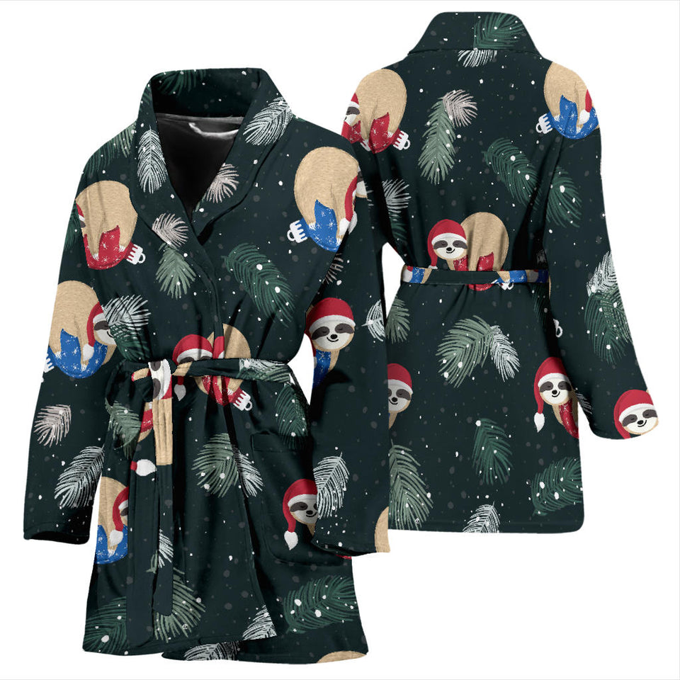 Cute Sloths Sleeping Christmas Ball Santa Hat Pattern Women'S Bathrobe